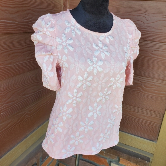 TCEC Light Pink Floral Textured Women's Bubble Sleeve Blouse Size Small NWOT - Picture 8 of 13